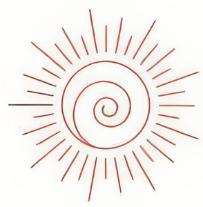 A symbolic design featuring a red spiral at the center, radiating outward like sun rays. Thin, elongated lines encircle the spiral, evoking energy, expansion, and growth. The spiral represents continuous flow and the unfolding journey of life, while the rays suggest vitality and the dynamic spread of Qi energy. This visual is well-suited for Qi: Your Radical Partner for Accelerated Healing and Growth, as it embodies themes of energetic expansion, transformation, and the life-enhancing qualities of Qi.