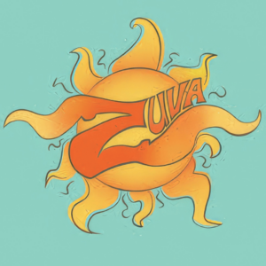 A stylized, vibrant illustration of a sun with swirling, flame-like rays on a light teal background. The word 'Zuva' is creatively integrated into the design, blending with the sun’s rays in bold, curving letters. The artwork exudes warmth and energy, evoking a sense of vitality and brightness.