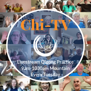 Banner for Chi-TV’s 2024 Livestream Qigong Practice, featuring a collage of smiling participants raising their hands in joyful engagement. A lotus logo sits prominently in the center, symbolizing peace and energy. This banner reflects community, connection, and the vibrancy of weekly online Qigong gatherings.