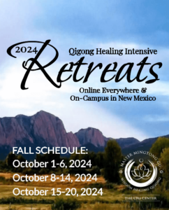Promotional banner for the 2024 Qigong Healing Intensive Retreats. The background showcases a stunning landscape of New Mexico’s natural rock formations under a blue sky, symbolizing peace and grounding. The design emphasizes the retreat’s focus on intensive healing and the opportunity to connect with Qigong practices in a serene environment.