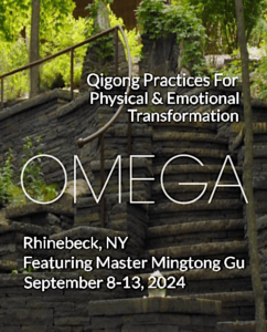 Promotional banner for an event titled 'Omega: Qigong Practices for Physical & Emotional Transformation' with Master Mingtong Gu. The background shows a peaceful, stone terrace surrounded by greenery at the Omega Institute in Rhinebeck, NY, creating a serene, natural setting.