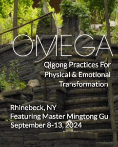 Promotional banner for an event titled 'Omega: Qigong Practices for Physical & Emotional Transformation' with Master Mingtong Gu. The background shows a peaceful, stone terrace surrounded by greenery at the Omega Institute in Rhinebeck, NY, creating a serene, natural setting.
