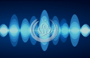 Abstract blue sound waves with a lotus symbol in the center, representing the 7 Weeks of Sound Healing and energy flow for well-being and balance.