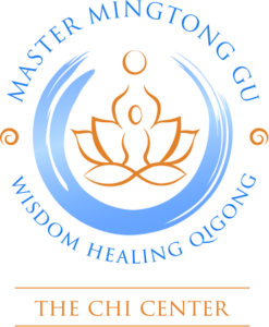 Logo for The Chi Center featuring 'Master Mingtong Gu, Wisdom Healing Qigong' in blue and orange, with a lotus and circular design at the center.