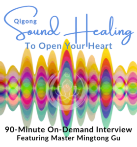 Qigong Sound Healing banner with colorful waves, promoting a 90-minute on-demand interview featuring Master Mingtong Gu on opening the heart.