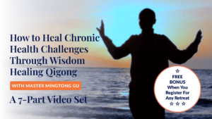 Silhouette of Master Mingtong Gu practicing Qigong by the ocean, promoting a 7-part video series on healing chronic health challenges