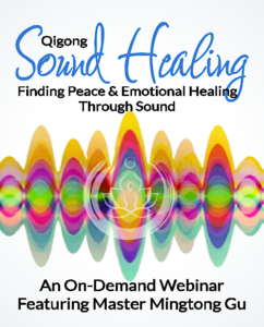 Qigong Sound Healing banner with colorful waves, promoting a 90-minute on-demand interview featuring Master Mingtong Gu on opening the heart.