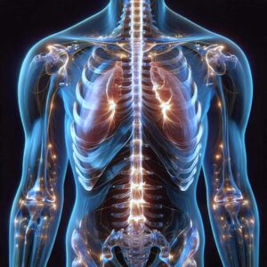 Illustration of a human body highlighting the heart, symbolizing sound healing Qigong for mind and body connection, with energy flow visualization