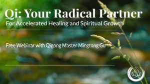 "Promotional image for a free webinar: 'Qi: Your Radical Partner for Accelerated Healing and Spiritual Growth' with Qigong Master Mingtong Gu."