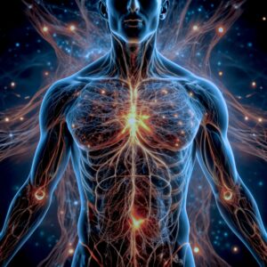 Visualization of a human torso with glowing energy lines, representing sound healing Qigong and the connection between mind, body, and energy flow.