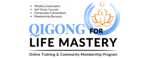 Qigong for Life Mastery - Online Training & Community Membership Program featuring weekly livestreams, self-study courses, community connections, and exclusive membership bonuses. Includes a stylized lotus flower in a blue circle, representing balance, growth, and transformation through Qigong practice.