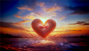 Radiant heart surrounded by vibrant energy waves at sunset, symbolizing the transformative power of Wisdom Healing Qigong and sound healing for emotional and spiritual balance.