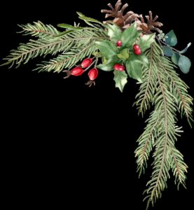 Festive holiday arrangement featuring evergreen branches, holly leaves, red berries, and pinecones.
