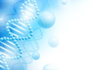 Abstract blue and white background featuring a representation of DNA strands with glowing orbs and a gradient effect, symbolizing scientific and biological concepts.