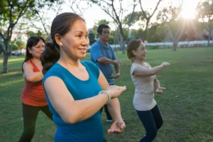 A group of individuals practicing Qigong together outdoors in a peaceful park setting, each person in a calm, focused posture with gentle smiles. The sun filters through the trees, creating a warm and serene atmosphere. This image embodies the community and healing aspects of Qigong, symbolizing the merging of ancient wisdom with modern approaches to support holistic health, immunity, and well-being.