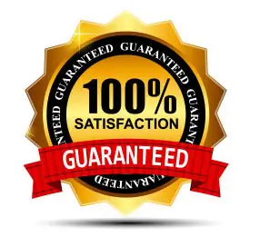 Gold circular badge with the text '100% Satisfaction Guaranteed' prominently displayed, featuring a red ribbon across the bottom that reads 'Guaranteed' in bold white letters.