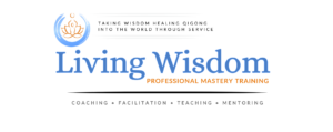 Banner for Living Wisdom Professional Mastery Training, a program focused on coaching, mentoring, facilitation, and mastery in Wisdom Healing Qigong. The image features a circular lotus emblem symbolizing spiritual growth and energy flow.