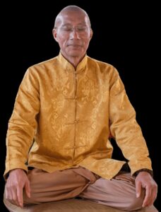 Master Mingtong Gu seated in meditation, wearing a traditional golden silk tunic adorned with intricate patterns, exuding calmness and spiritual wisdom. Ideal for themes of Qigong, mindfulness, and holistic healing.