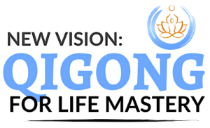 Logo for 'New Vision: Qigong for Life Mastery,' featuring bold blue text, a lotus emblem, and a clean, modern design. Represents a transformative program for personal growth and mastery through Qigong practices.