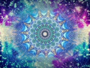 A vibrant and intricate mandala design featuring shades of blue, green, and purple, surrounded by a glowing cosmic background with light speckles resembling stars. Perfect for themes of spirituality, meditation, and cosmic energy alignment.