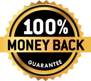 A 100% Money-Back Guarantee badge with a gold and black design.