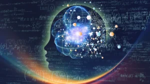 A digital illustration of a human head with a glowing brain, neural networks, and mathematical equations in the background, symbolizing artificial intelligence, deep learning, cognitive science, and the connection between technology and human consciousness.