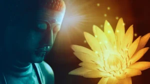 A serene Buddha statue in deep meditation next to a glowing golden lotus flower, symbolizing spiritual awakening, enlightenment, inner peace, and the journey of self-discovery.