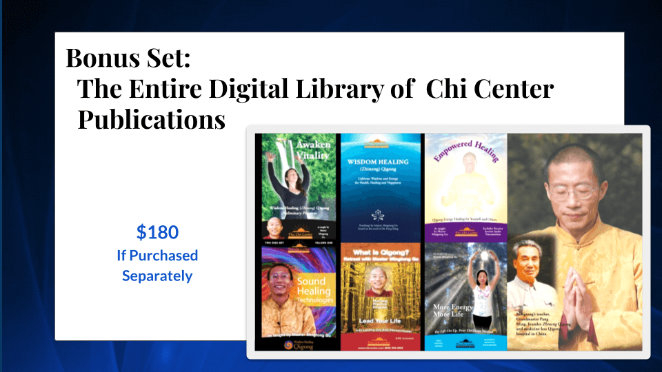 Promotional graphic for a bonus set titled 'The Entire Digital Library of Chi Center Publications.' The graphic features a collection of book covers related to Qigong and Wisdom Healing, including titles like 'Awaken Vitality,' 'Wisdom Healing Qigong,' 'Empowered Healing,' 'Sound Healing Technologies,' and others.