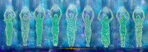A digital artwork depicting eight human figures made of water, standing in a row against a fluid, blue-toned background. Each figure is in the "Lift Chi Up, Pour Chi Down" Qigong posture, raising their arms above their heads while holding a glowing energy sphere.