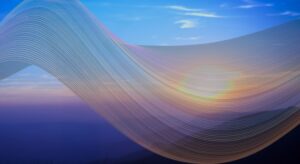 Abstract energy wave flowing over a tranquil mountain landscape at sunset, blending soft pastel colors and curved light patterns—symbolizing harmony, frequency healing, and the connection between nature and energy.