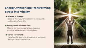 A person stands in a poised, grounded stance, expressing vitality and ageless living through gentle, intentional movement. Soft waves of luminous energy flow around the body, symbolizing longevity through energy awareness and cultivation. The scene conveys ease, resilience, and a deep connection to life-force, illustrating a path of sustained wellness and vibrant aging.