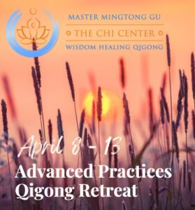 Sunset over tall grass with text overlay promoting the April 8–13 Advanced Practices Qigong Retreat with Master Mingtong Gu and The Chi Center for Wisdom Healing Qigong.