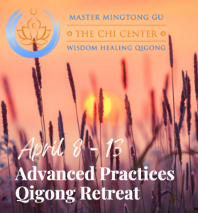 Sunset over tall grass with text overlay promoting the April 8–13 Advanced Practices Qigong Retreat with Master Mingtong Gu and The Chi Center for Wisdom Healing Qigong.