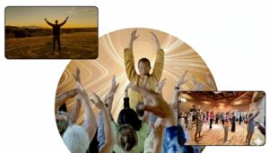 A composite image shows Master Mingtong in a gold traditional-style robe standing at the center with arms raised, surrounded by a group of people lifting their hands upward in a shared movement practice. Two smaller inset images appear: one shows a person standing alone outdoors at sunset with arms raised toward the sky, and the other shows a group of participants practicing coordinated movements together in a spacious indoor hall. The overall design suggests collective energy, mindfulness, and embodied practice.