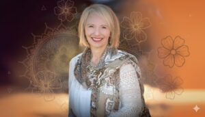 A smiling Sallena Pool stands facing the camera. She wears a light top and a patterned scarf draped around her shoulders. The background blends warm sunset tones with decorative floral and mandala-style line art, creating a welcoming, serene atmosphere.