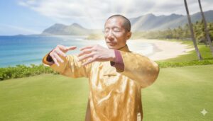Master Mingtong, wearing a gold traditional-style robe, practices slow, meditative movements outdoors, holding his hands gently in front of his chest with eyes closed. He stands on green grass overlooking a tropical beach with turquoise ocean water, palm trees, and mountains in the distance under bright sunlight.