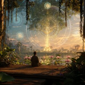 A person meditating by a lotus-covered lake at sunrise, facing a radiant tree of light symbolizing energy healing, spiritual awakening, and qigong practice in nature.