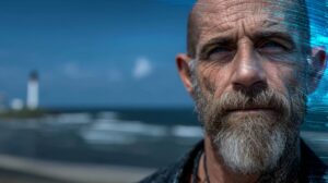 A contemplative older man by the ocean with digital light patterns overlaid on his face, symbolizing conscious aging, mindfulness, and the integration of wisdom and modern technology.