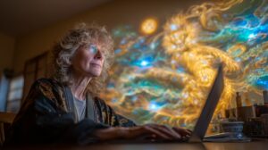 An older woman working on a laptop as flowing golden and blue energy imagery surrounds her, symbolizing conscious creativity, wisdom, mindful technology use, and lifelong learning.