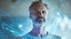 A calm older man surrounded by luminous blue energy patterns, symbolizing conscious awareness, energy cultivation, mindfulness, and inner balance.
