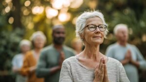 An older woman with short white hair and glasses stands outdoors with her hands pressed together at her chest in a prayer-like gesture. She appears calm and focused, looking ahead. Behind her, a small group of adults stands in soft focus, mirroring the same gesture. Sunlight filters through green trees, creating a serene, communal atmosphere suggestive of meditation or a gentle group practice in nature.