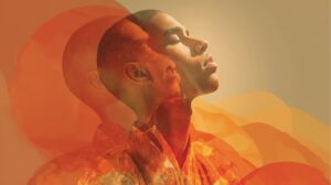 An artistic, layered portrait shows a person with a shaved head in profile, eyes closed and face tilted upward as if breathing deeply or basking in light. Warm orange and amber tones overlap the figure, creating a double-exposure effect that suggests inner calm, energy flow, and transformation.