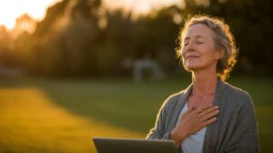 A middle-aged woman stands outdoors at sunset with her eyes closed and one hand resting over her heart, appearing calm and reflective. She wears a light top and a cozy cardigan. A laptop sits in front of her, and the softly blurred green field and warm golden light create a peaceful, mindful atmosphere.