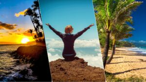 A three-panel collage shows different scenes of freedom and nature: on the left, a tropical coastline at sunset with palm trees silhouetted against an orange sky; in the center, a person sitting on a mountaintop above the clouds with arms raised toward a bright blue sky; and on the right, a sunny palm-lined beach with golden sand and turquoise water.