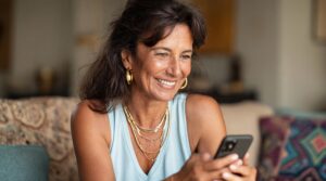 A smiling middle-aged woman with dark hair sits indoors on a sofa, looking down at a smartphone she holds in both hands. She wears a light blue sleeveless top, gold hoop earrings, and layered gold necklaces, with a softly blurred, comfortable home setting in the background.