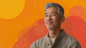 An older man with short gray hair and a trimmed goatee looks off to the side with a calm, thoughtful smile. He wears a light, textured jacket over a shirt. The background is a warm orange gradient with abstract circular shapes and subtle geometric line patterns, creating a modern, contemplative feel.
