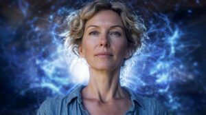 A calm woman centered in luminous blue energy patterns, symbolizing conscious awareness, inner clarity, mindfulness, and energy cultivation.