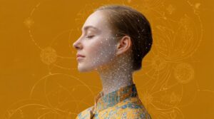 A profile portrait of a young woman with her eyes closed, hair pulled back neatly, and a calm, meditative expression. A delicate white network of dots and lines overlays her face and neck, blending with a warm golden background decorated with subtle floral and circular line patterns, suggesting mindfulness, connection, and inner awareness.