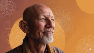 An older bald man with a short gray beard gazes thoughtfully into the distance with a soft, contented expression. He wears layered, earth-toned clothing. The background features warm orange hues with delicate floral line patterns and subtle geometric shapes, creating a serene, contemplative mood.