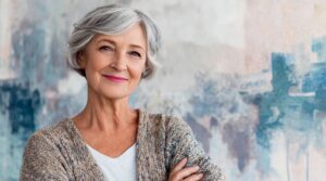 Calm, happy senior woman with short gray hair smiling confidently against a soft abstract background.